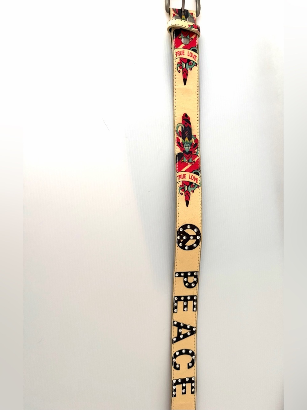 Vintage Genuine Leather Belt PEACE Rhinestone Tattoo Art Winged Heart 33” - 36”